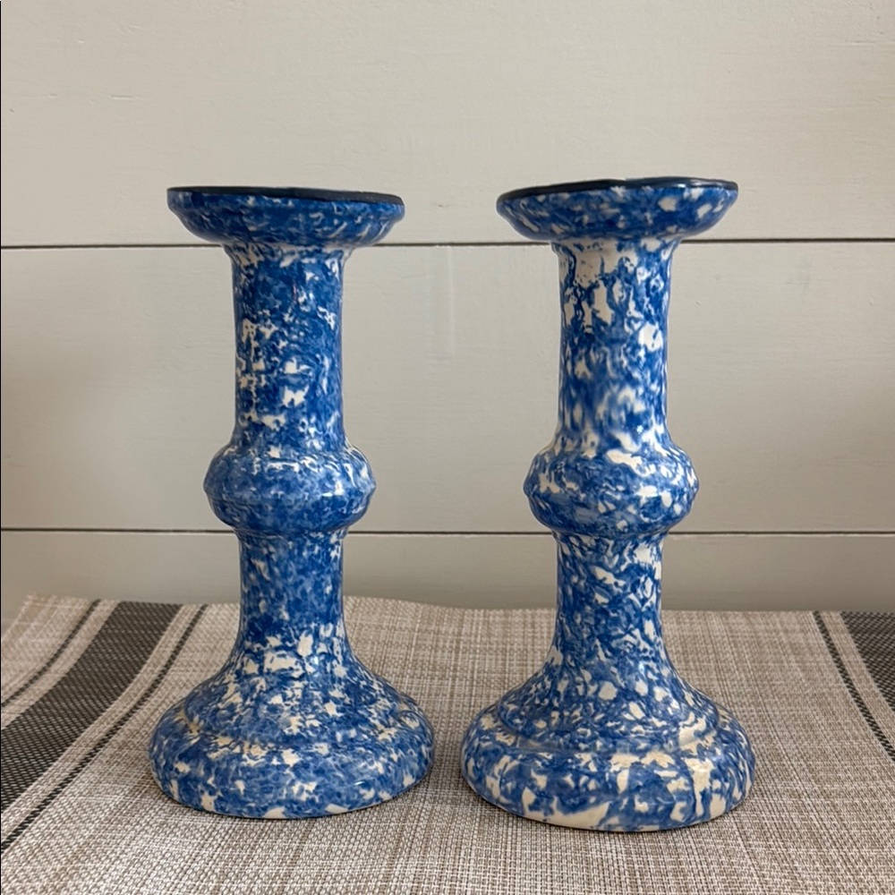Blue and White Speckled Candle Holders with Classic Silhouette